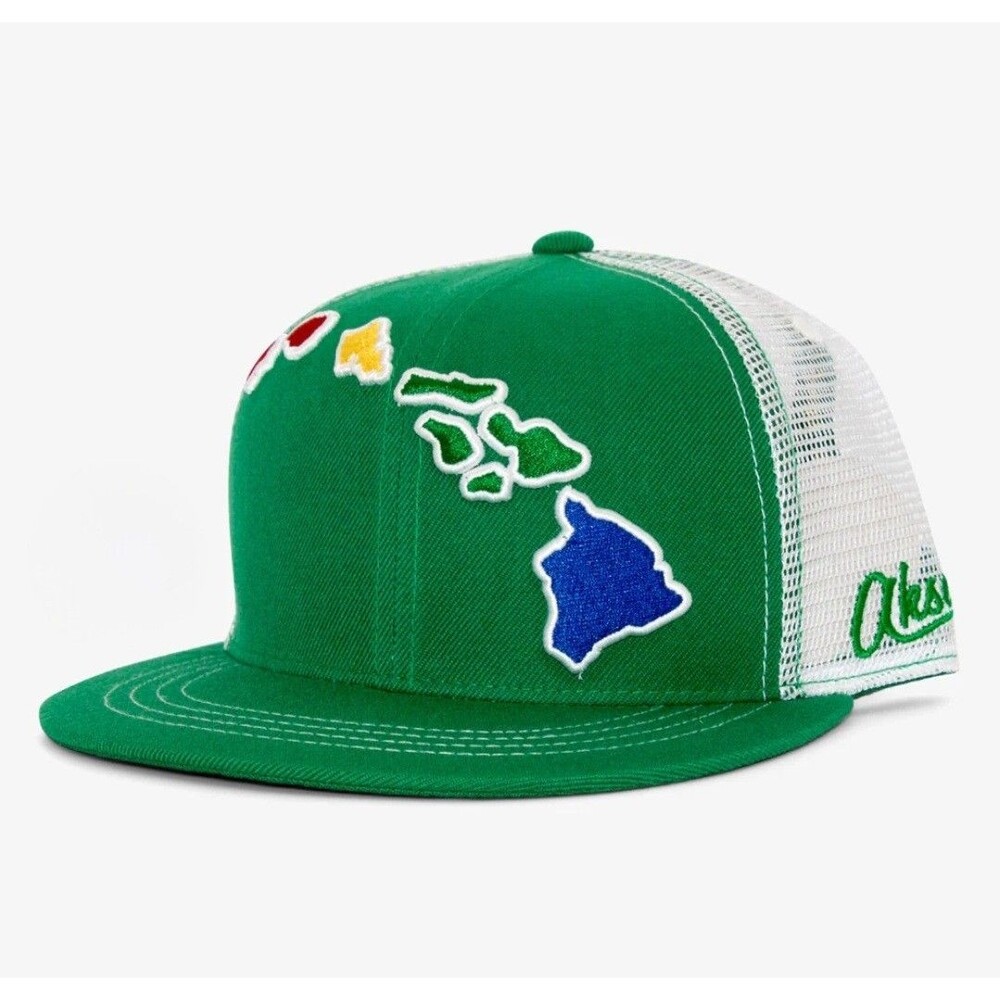 Aksels Hawaii Islands Trucker Hat SnapBack Flat Bill Green White OSFM